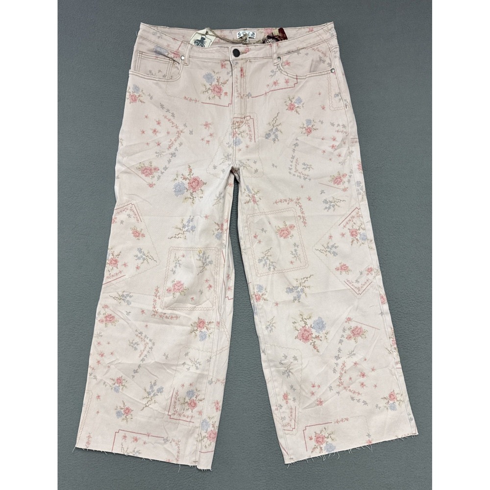 Easel Floral Printed Washed Twill Denim Jeans Womens 3X 36x28 Wide Raw Hem‎ Boho